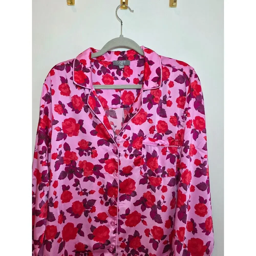 LOFT Pink Floral Silky Pajama Set Size XXL / 2X Satin Notch Colar